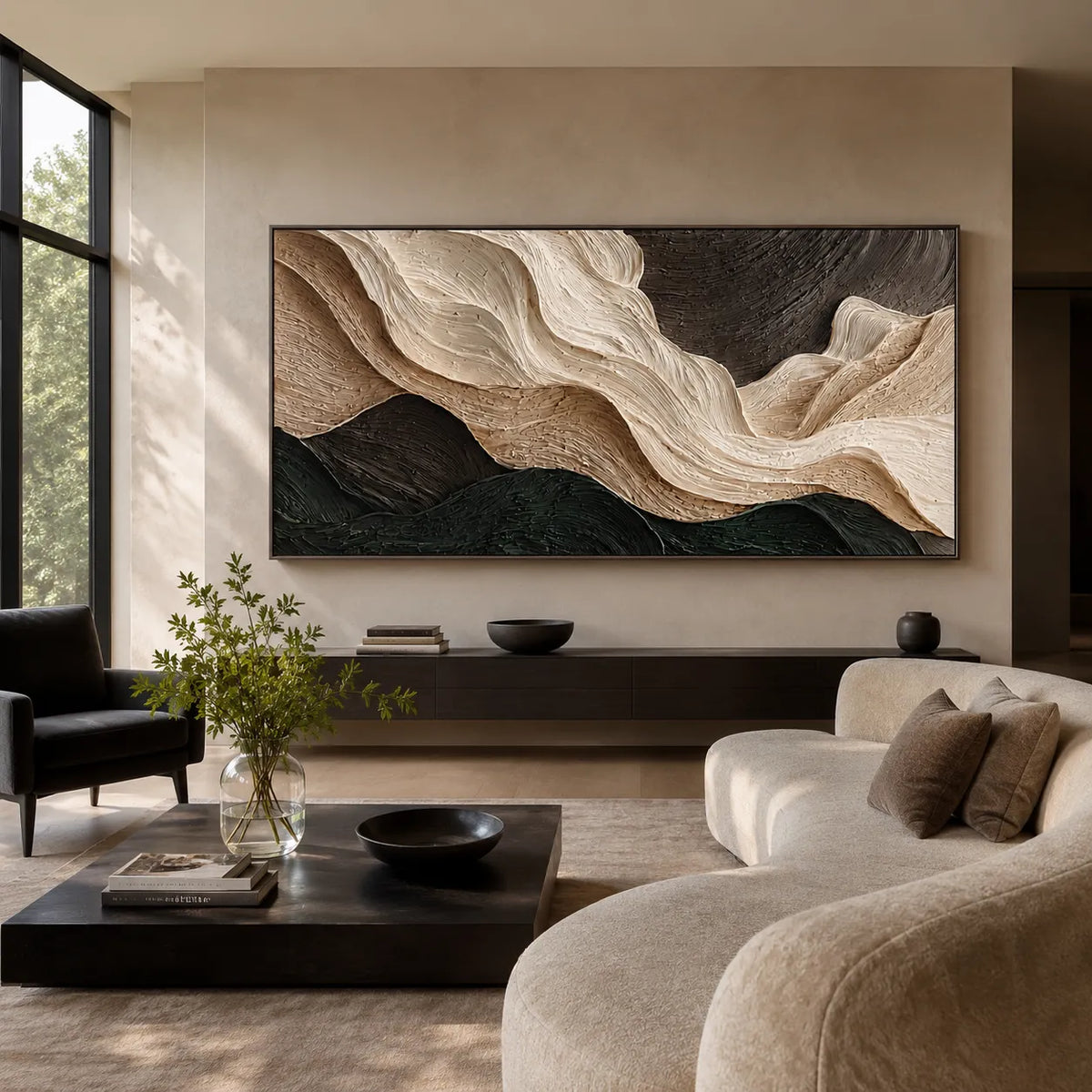 Ivory and Charcoal Textured Abstract Wall Art for Living Room, Layered Organic Forms #K2TUTPK4