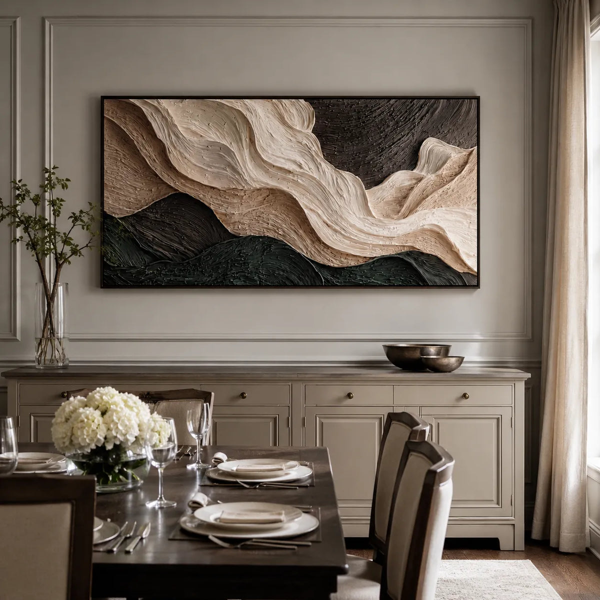 Ivory and Charcoal Textured Abstract Wall Art for Living Room, Layered Organic Forms #K2TUTPK4