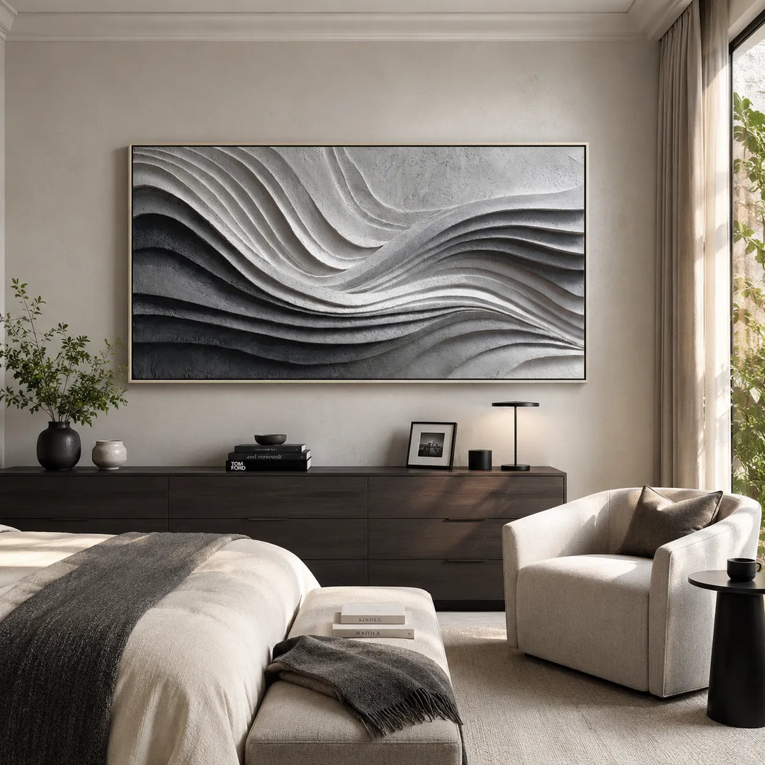 Black and White Textured Abstract Wall Art for Living Room, Layered Wave Design #VXDN57WR