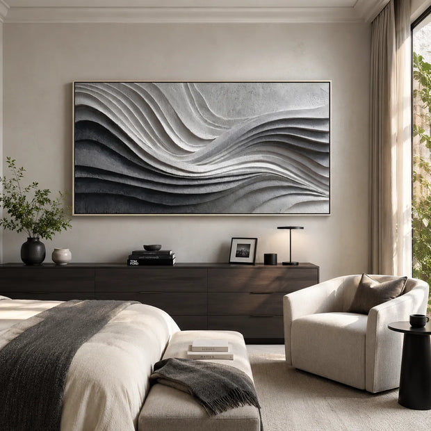 Black and White Textured Abstract Wall Art for Living Room, Layered Wave Design #VXDN57WR