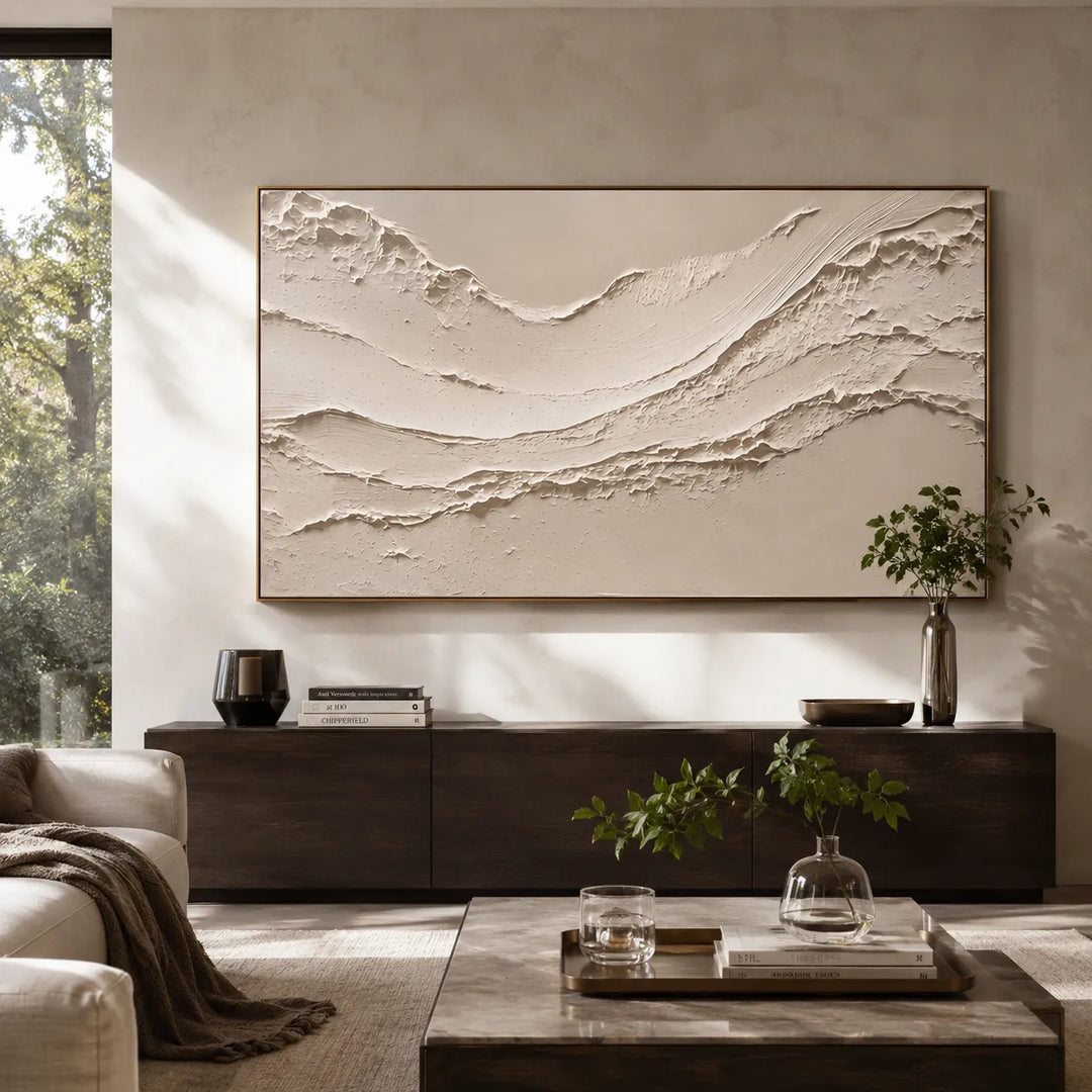 Warm Ivory Textured Abstract Wall Art for Living Room, Minimalist Mountain Relief #FK1TY8II