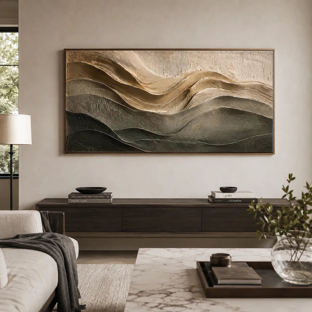 Warm Taupe Textured Abstract Wall Art for Living Room, Layered Wave Design #9642FB5V