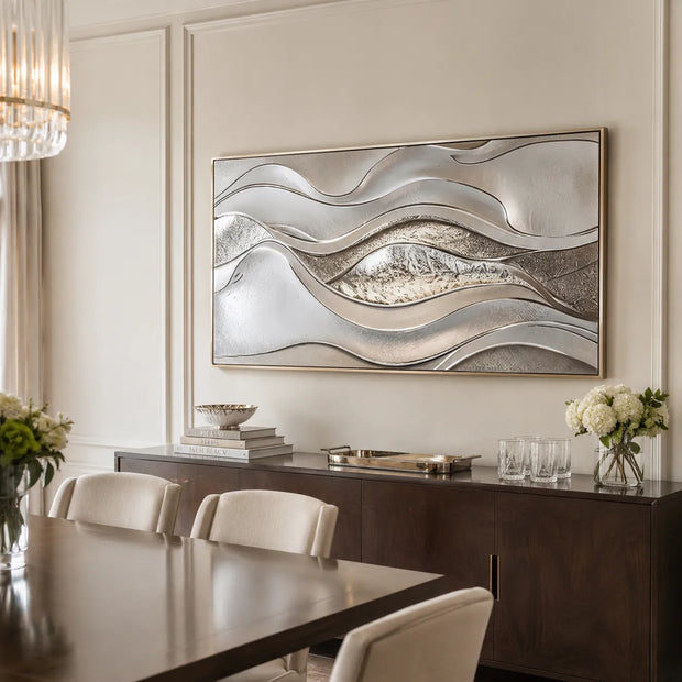 Silver Gray Textured Abstract Wall Art for Living Room, Modern Flowing Wave Design #06NT3BB7