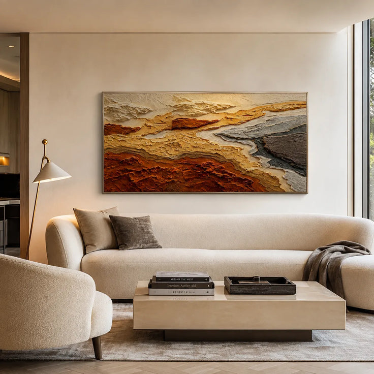 Warm Ochre Textured Abstract Wall Art for Living Room, Earth Tone Landscape #VI42F5UA