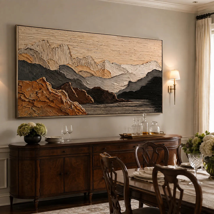 Textured Mountain Wall Art for Living Room, Beige and Black Landscape Painting #5H6UZGYQ