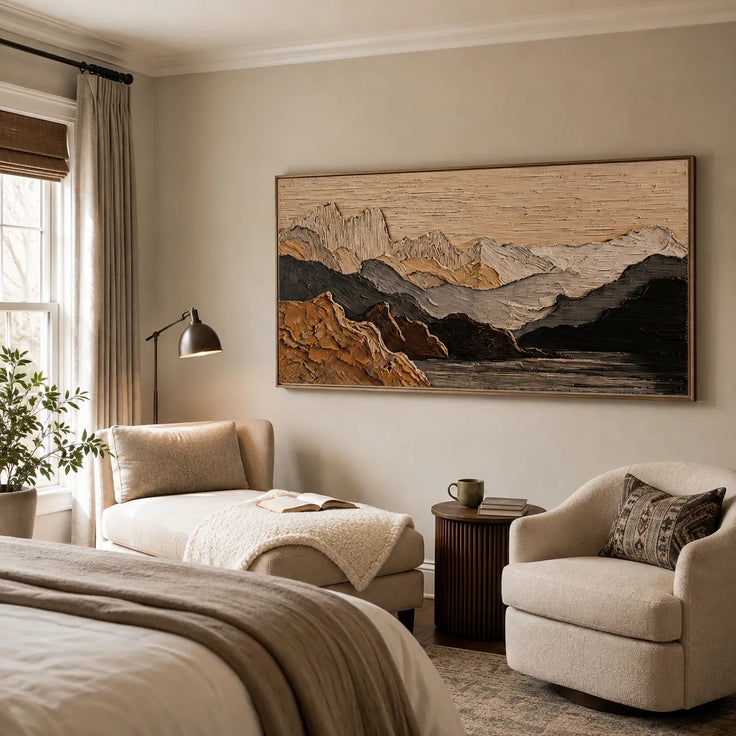 Textured Mountain Wall Art for Living Room, Beige and Black Landscape Painting #5H6UZGYQ