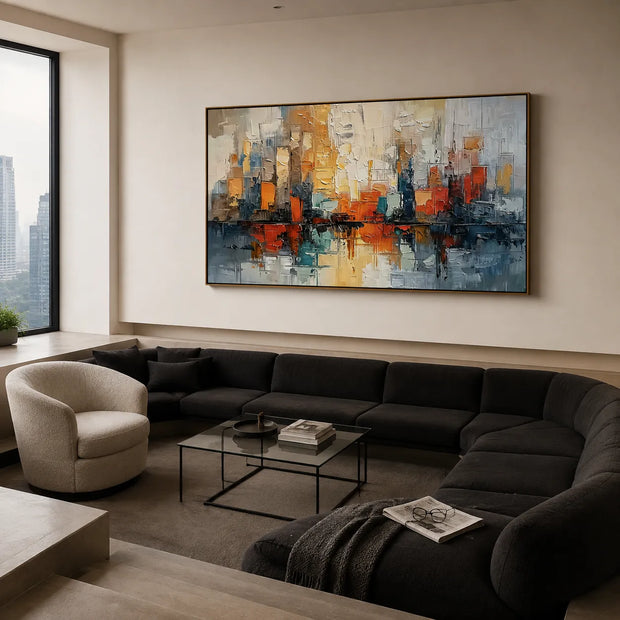 Orange and Blue Textured Cityscape Art for Living Room #PU355OXZ