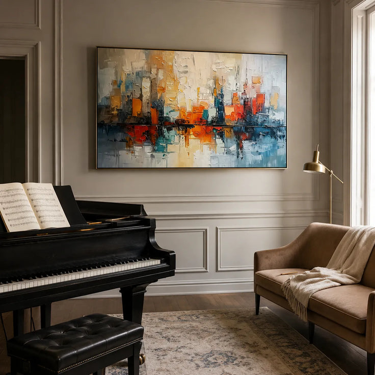 Orange and Blue Textured Cityscape Art for Living Room #PU355OXZ