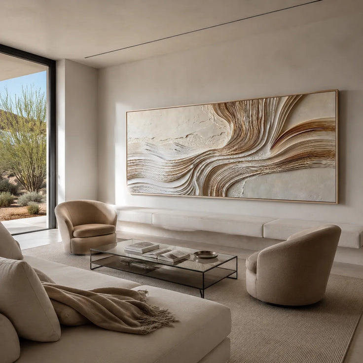 Ivory Textured Flowing Line Art for Modern Living Room #LMNY4NA7