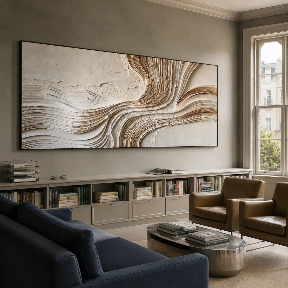 Ivory Textured Flowing Line Art for Modern Living Room #LMNY4NA7