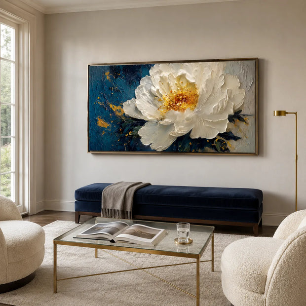 White and Navy Monet-Inspired Hand-Painted Art Textured Floral Art for Living Room #B1SB4E5M