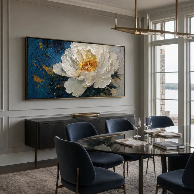 White and Navy Monet-Inspired Hand-Painted Art Textured Floral Art for Living Room #B1SB4E5M