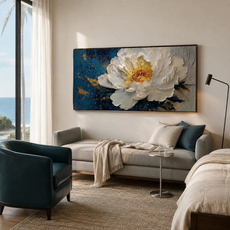 White and Navy Monet-Inspired Hand-Painted Art Textured Floral Art for Living Room #B1SB4E5M