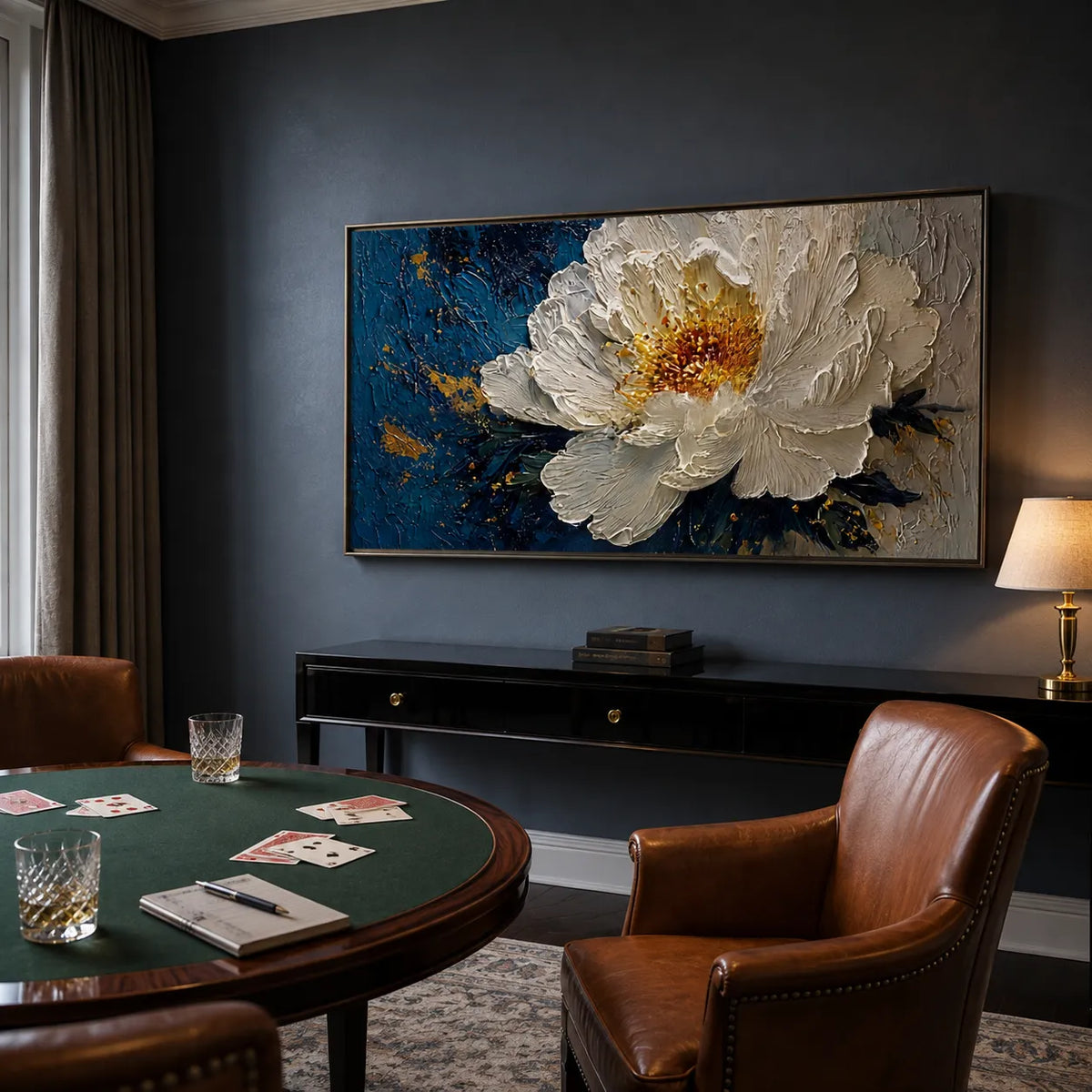 White and Navy Monet-Inspired Hand-Painted Art Textured Floral Art for Living Room #B1SB4E5M