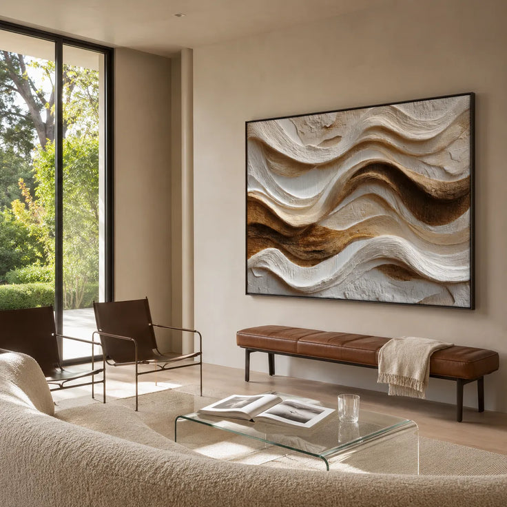 Warm Ivory Textured Wave Wall Art for Modern Living Room #ZCMNQAEB
