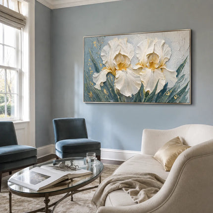 Monet-Inspired Ivory and Blue Floral Art for Living Room #52U8M01T