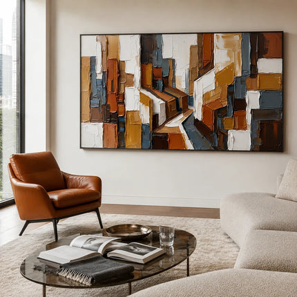 Picasso-Inspired Geometric Wall Art for Living Room, Warm Ochre Cubist Textured Abstract Painting #AVQ2M0QE