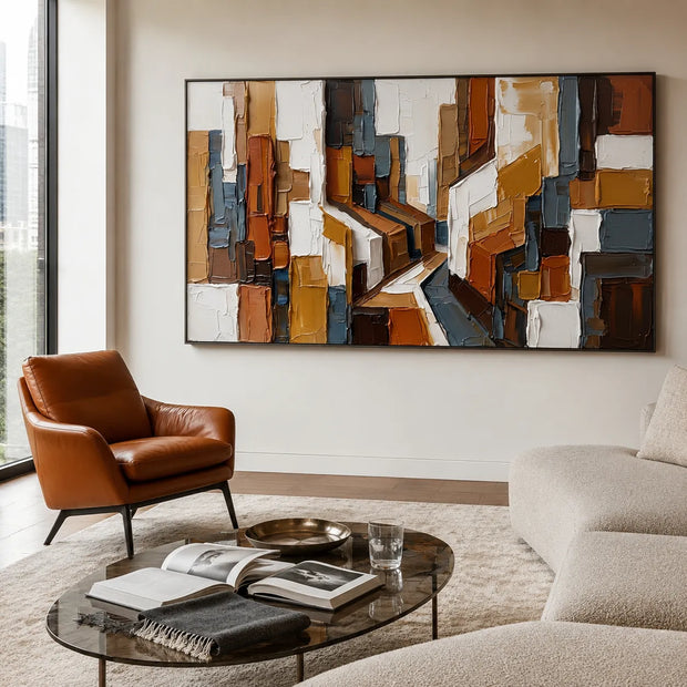 Picasso-Inspired Geometric Wall Art for Living Room, Warm Ochre Cubist Textured Abstract Painting #AVQ2M0QE
