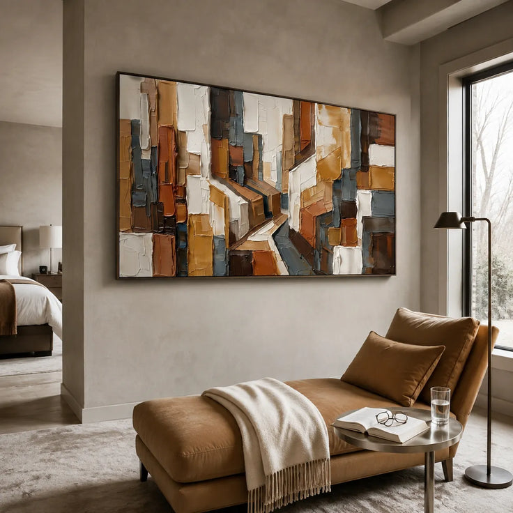 Picasso-Inspired Geometric Wall Art for Living Room, Warm Ochre Cubist Textured Abstract Painting #AVQ2M0QE