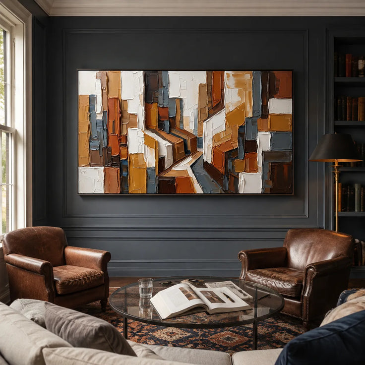 Picasso-Inspired Geometric Wall Art for Living Room, Warm Ochre Cubist Textured Abstract Painting #AVQ2M0QE