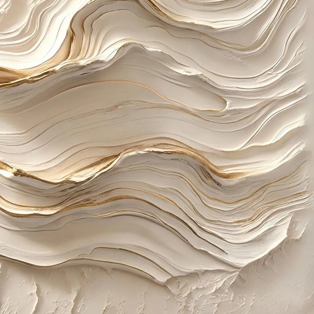 Cream & Gold Textured Wall Art – Flowing Wave Impasto Painting with Warm Veins, Horizontal Canvas for Living Room & Dining Room #STTK0A3I