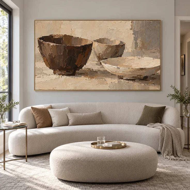 Beige Brown Hand-Painted Still Life Painting, Three Bowls #9FH3Y65K