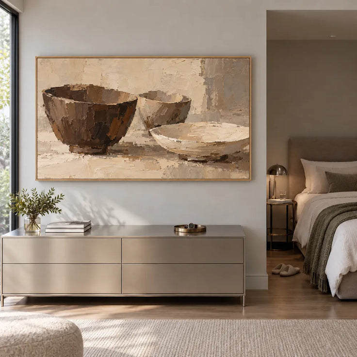 Beige Brown Hand-Painted Still Life Painting, Three Bowls #9FH3Y65K