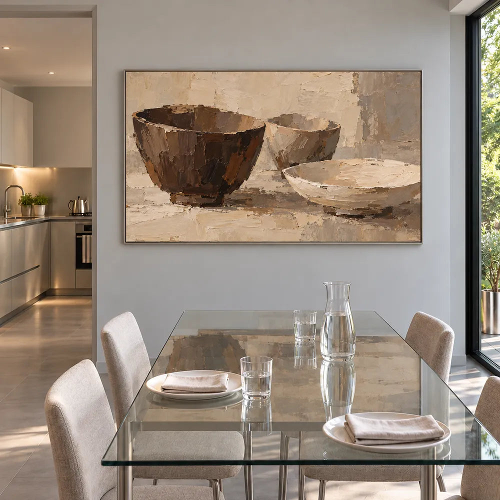 Beige Brown Hand-Painted Still Life Painting, Three Bowls #9FH3Y65K