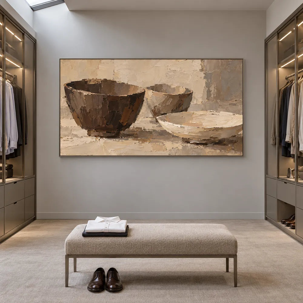 Beige Brown Hand-Painted Still Life Painting, Three Bowls #9FH3Y65K