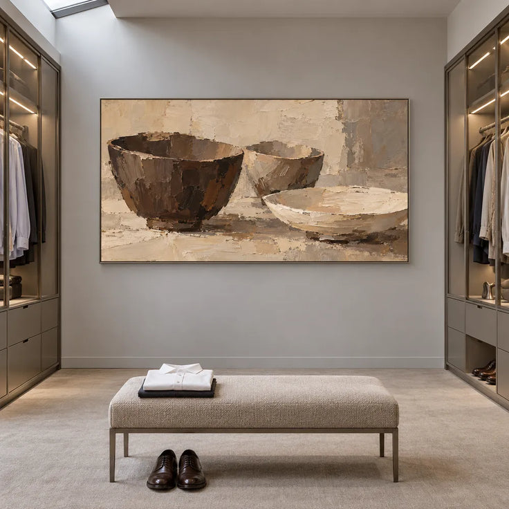 Beige Brown Hand-Painted Still Life Painting, Three Bowls #9FH3Y65K