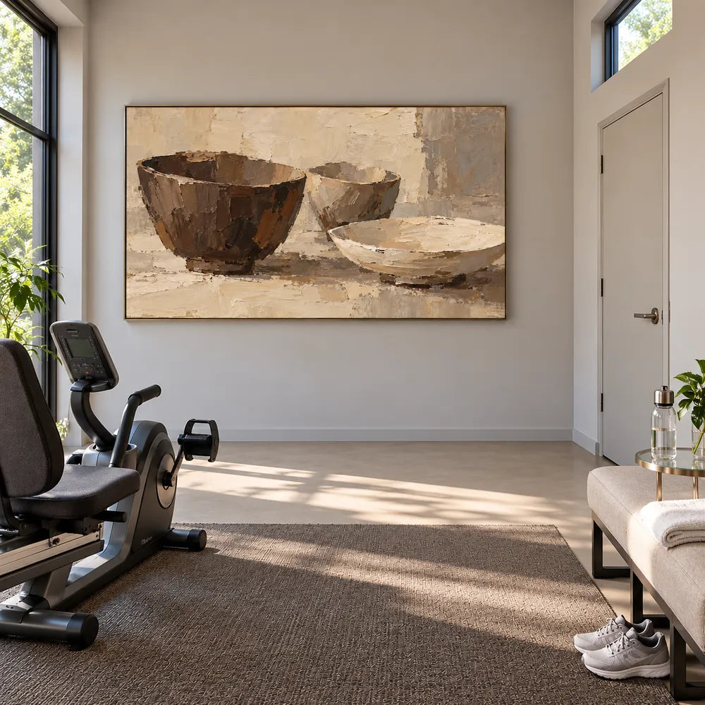 Beige Brown Hand-Painted Still Life Painting, Three Bowls #9FH3Y65K