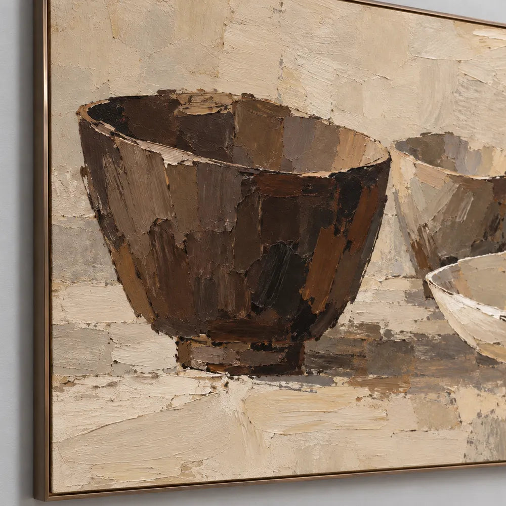 Beige Brown Hand-Painted Still Life Painting, Three Bowls #9FH3Y65K