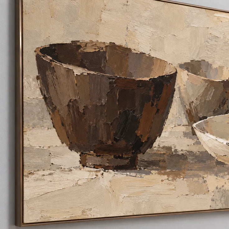 Beige Brown Hand-Painted Still Life Painting, Three Bowls #9FH3Y65K