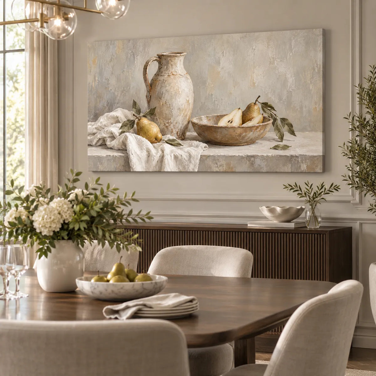 Where Time Rests - Beige Cream Hand-Painted Oil Painting, Pear and Jug Still Life Wall Art #0JZF07GK