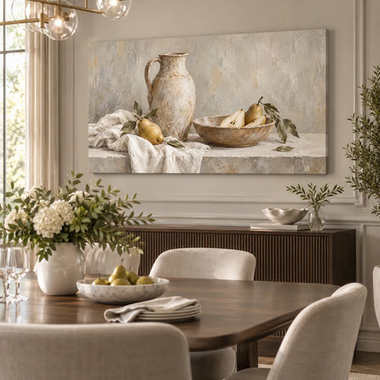 Where Time Rests - Beige Cream Hand-Painted Oil Painting, Pear and Jug Still Life Wall Art #0JZF07GK