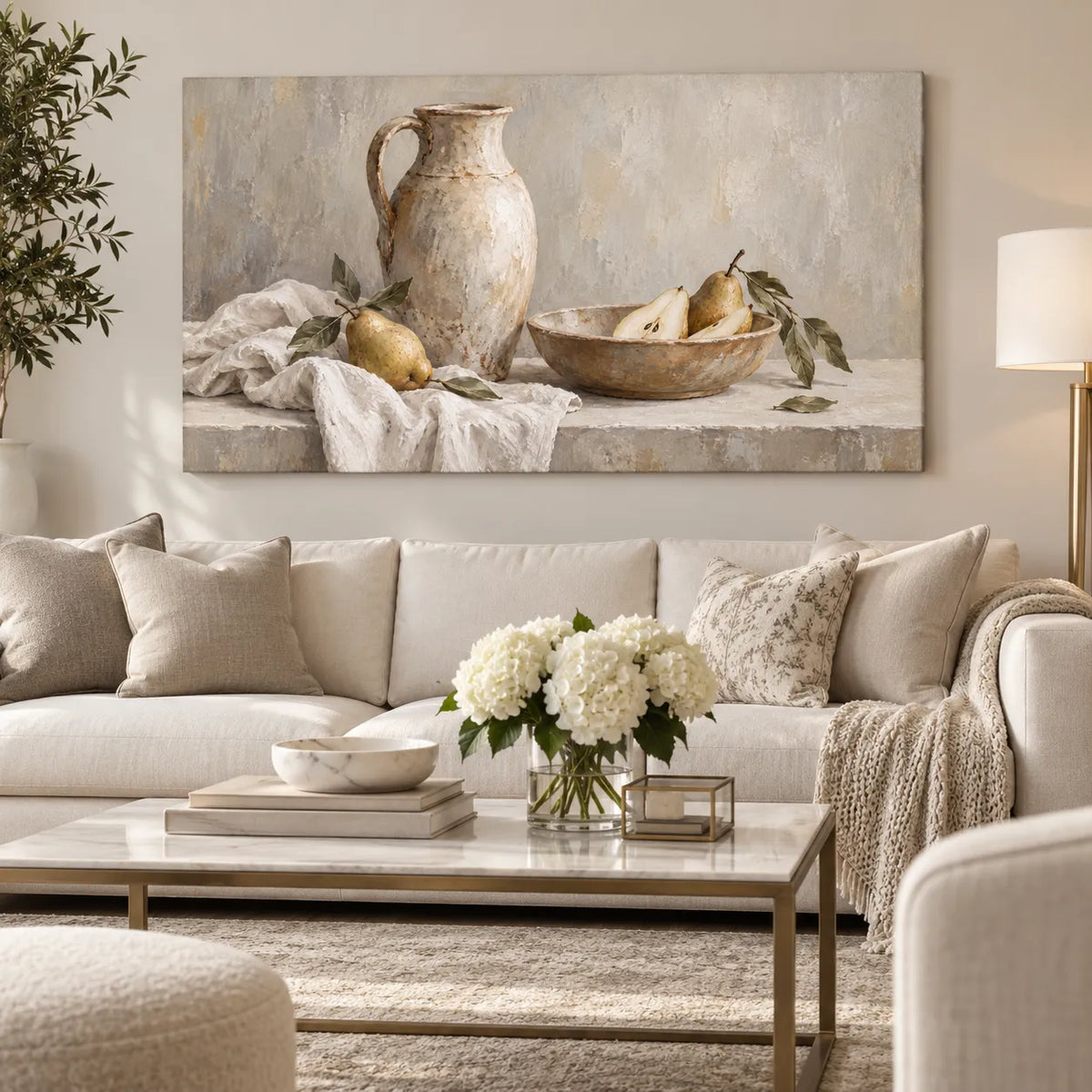 Where Time Rests - Beige Cream Hand-Painted Oil Painting, Pear and Jug Still Life Wall Art #0JZF07GK