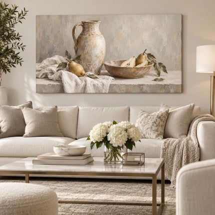 Where Time Rests - Beige Cream Hand-Painted Oil Painting, Pear and Jug Still Life Wall Art #0JZF07GK