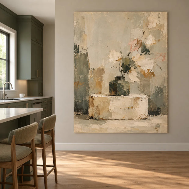 Beige Cream Hand-Painted Oil Painting, Pale Flowers in a Dark Vase #XCAX7P1Q