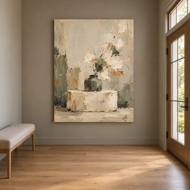Beige Cream Hand-Painted Oil Painting, Pale Flowers in a Dark Vase #XCAX7P1Q