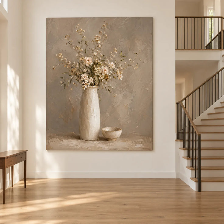Taupe Hand-Painted Oil Painting, Cream Flowers in a Tall Vase #1V0ZBPOS