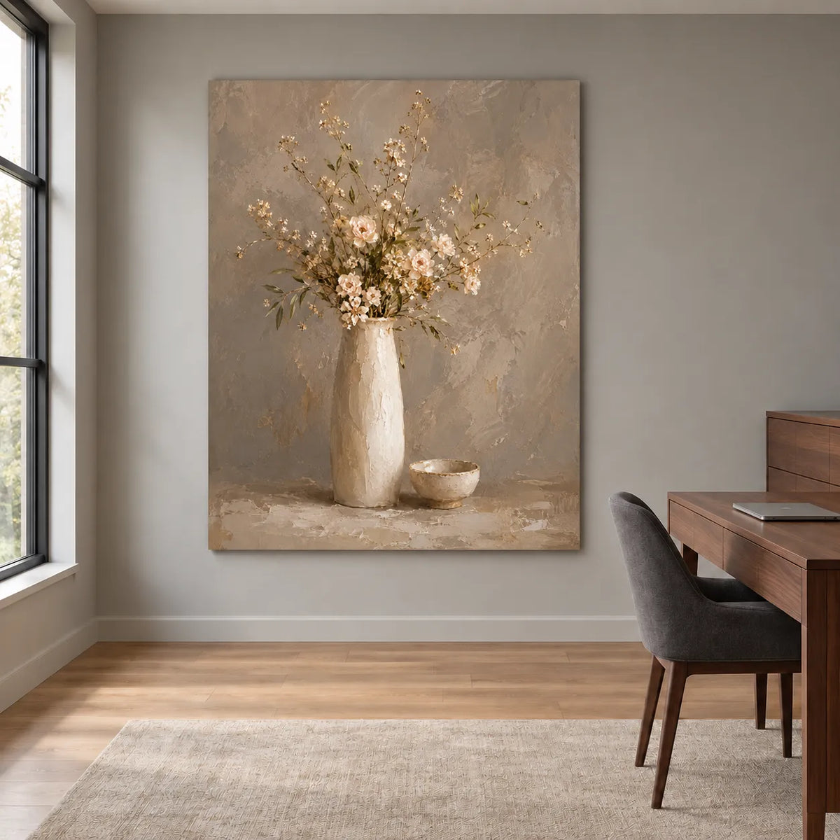 Taupe Hand-Painted Oil Painting, Cream Flowers in a Tall Vase #1V0ZBPOS