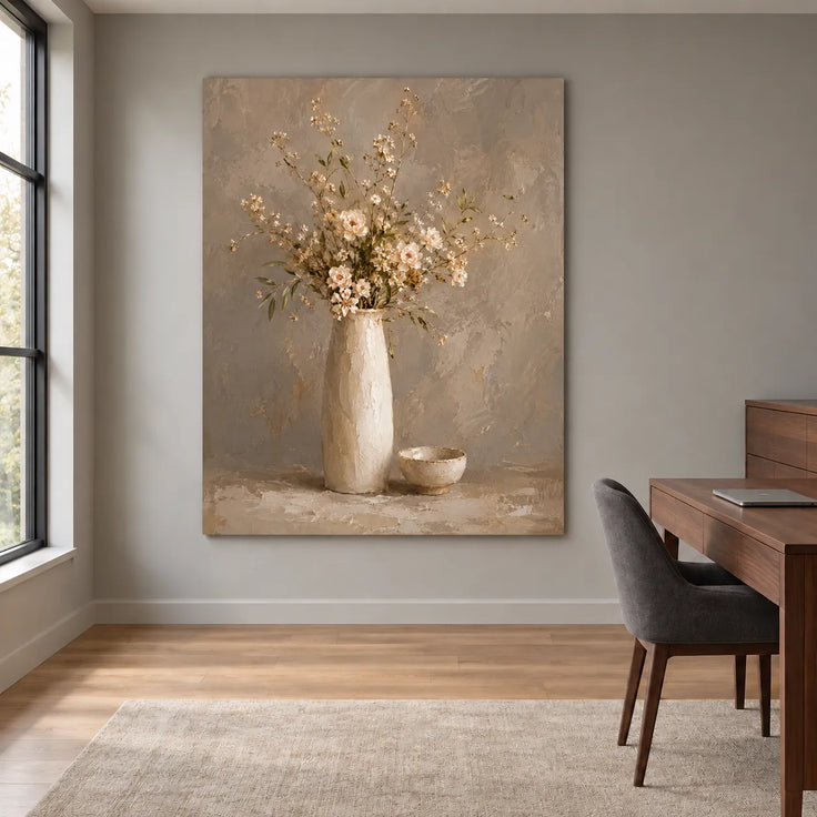 Taupe Hand-Painted Oil Painting, Cream Flowers in a Tall Vase #1V0ZBPOS