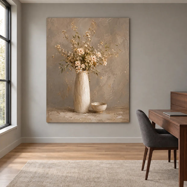 Taupe Hand-Painted Oil Painting, Cream Flowers in a Tall Vase #1V0ZBPOS