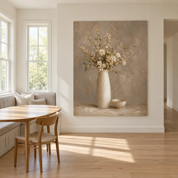 Taupe Hand-Painted Oil Painting, Cream Flowers in a Tall Vase #1V0ZBPOS