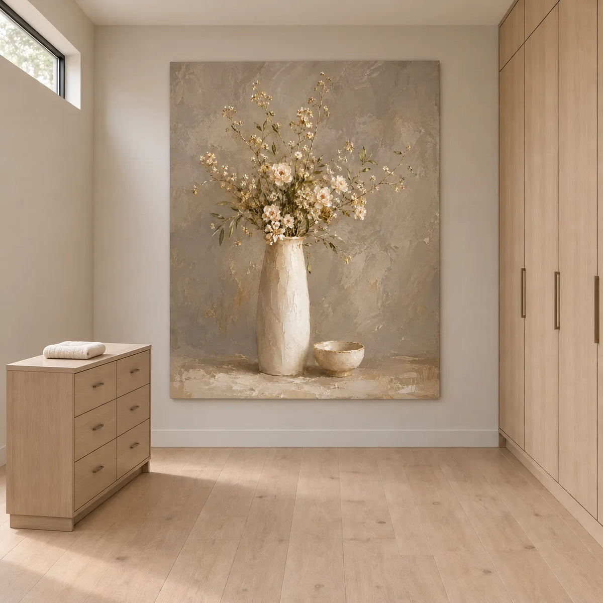 Taupe Hand-Painted Oil Painting, Cream Flowers in a Tall Vase #1V0ZBPOS