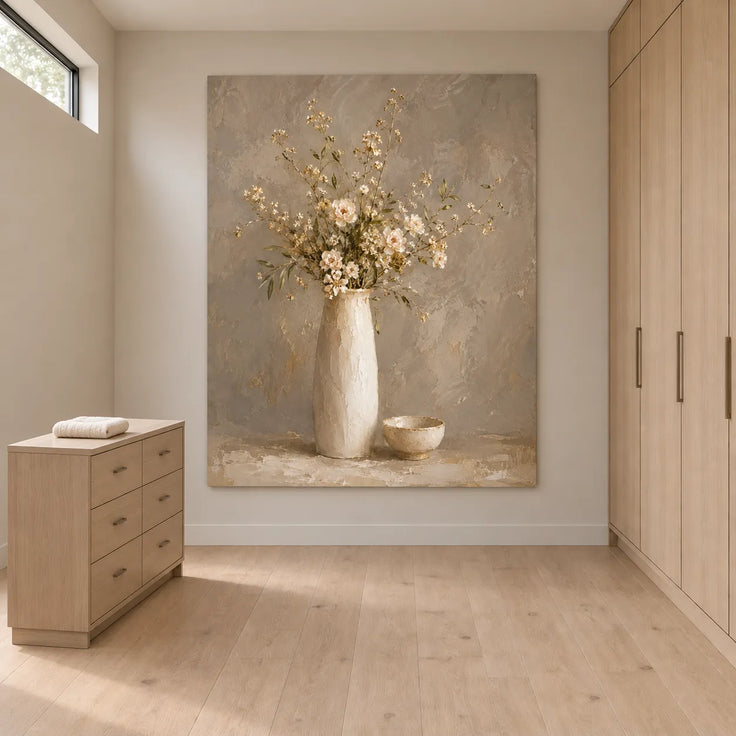 Taupe Hand-Painted Oil Painting, Cream Flowers in a Tall Vase #1V0ZBPOS