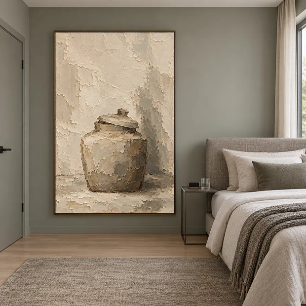 Beige Hand-Painted Still Life Painting, Lidded Jar and Shadow #4ILTWVTA