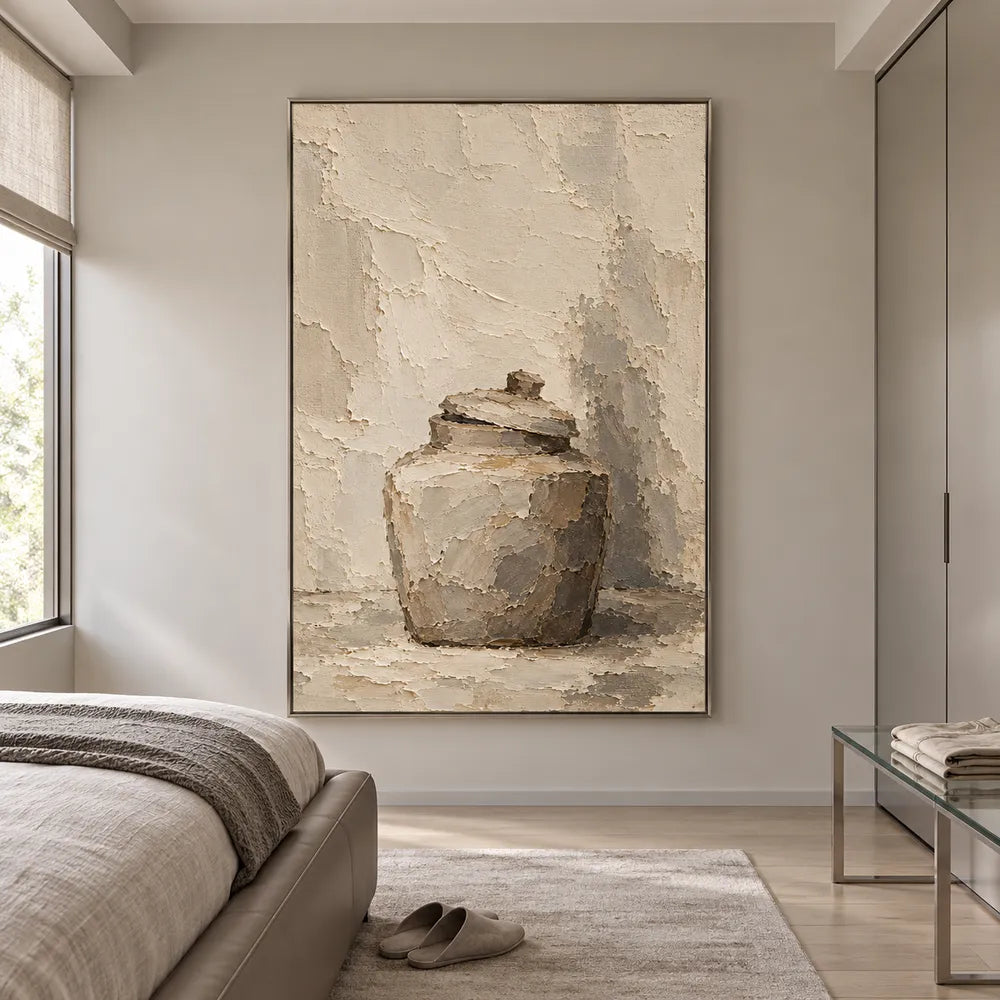 Beige Hand-Painted Still Life Painting, Lidded Jar and Shadow #4ILTWVTA