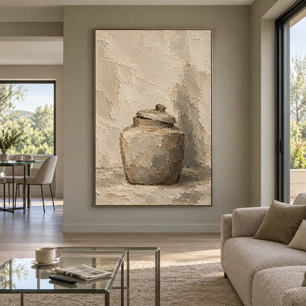 Beige Hand-Painted Still Life Painting, Lidded Jar and Shadow #4ILTWVTA
