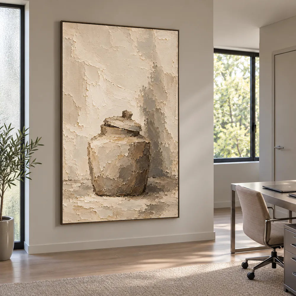 Beige Hand-Painted Still Life Painting, Lidded Jar and Shadow #4ILTWVTA